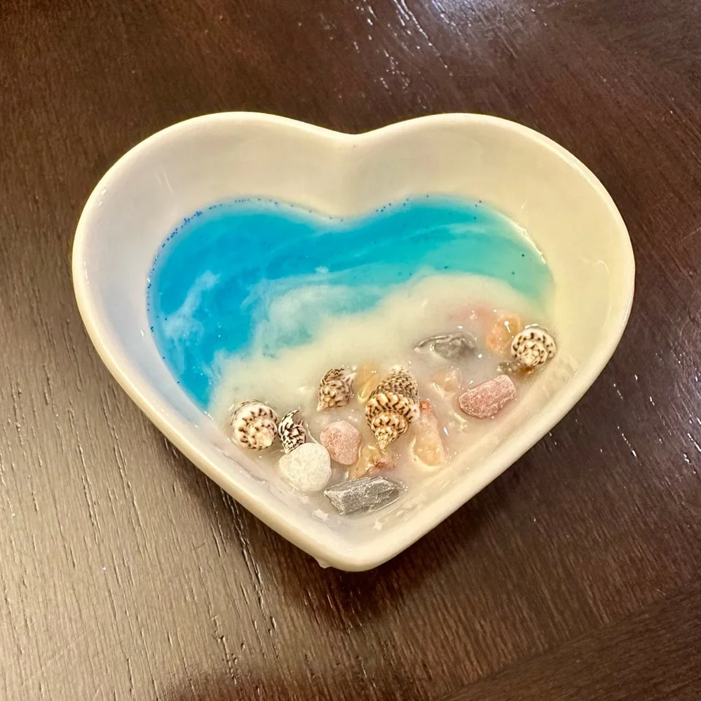 Ceramic coastal heart jewelry dish.